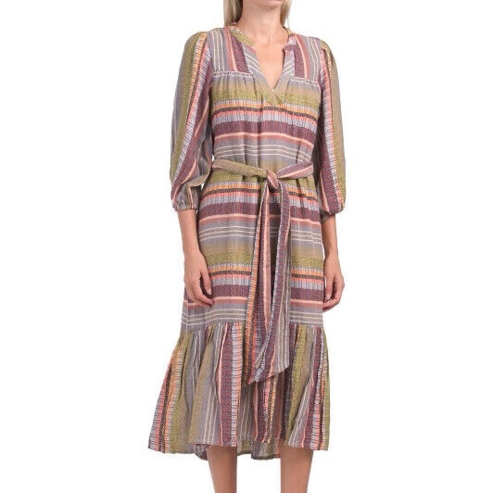 DRA Anthropologie Jenwin Midi Dress Size Medium Woven Stripe Jacquard Tiered 3/4